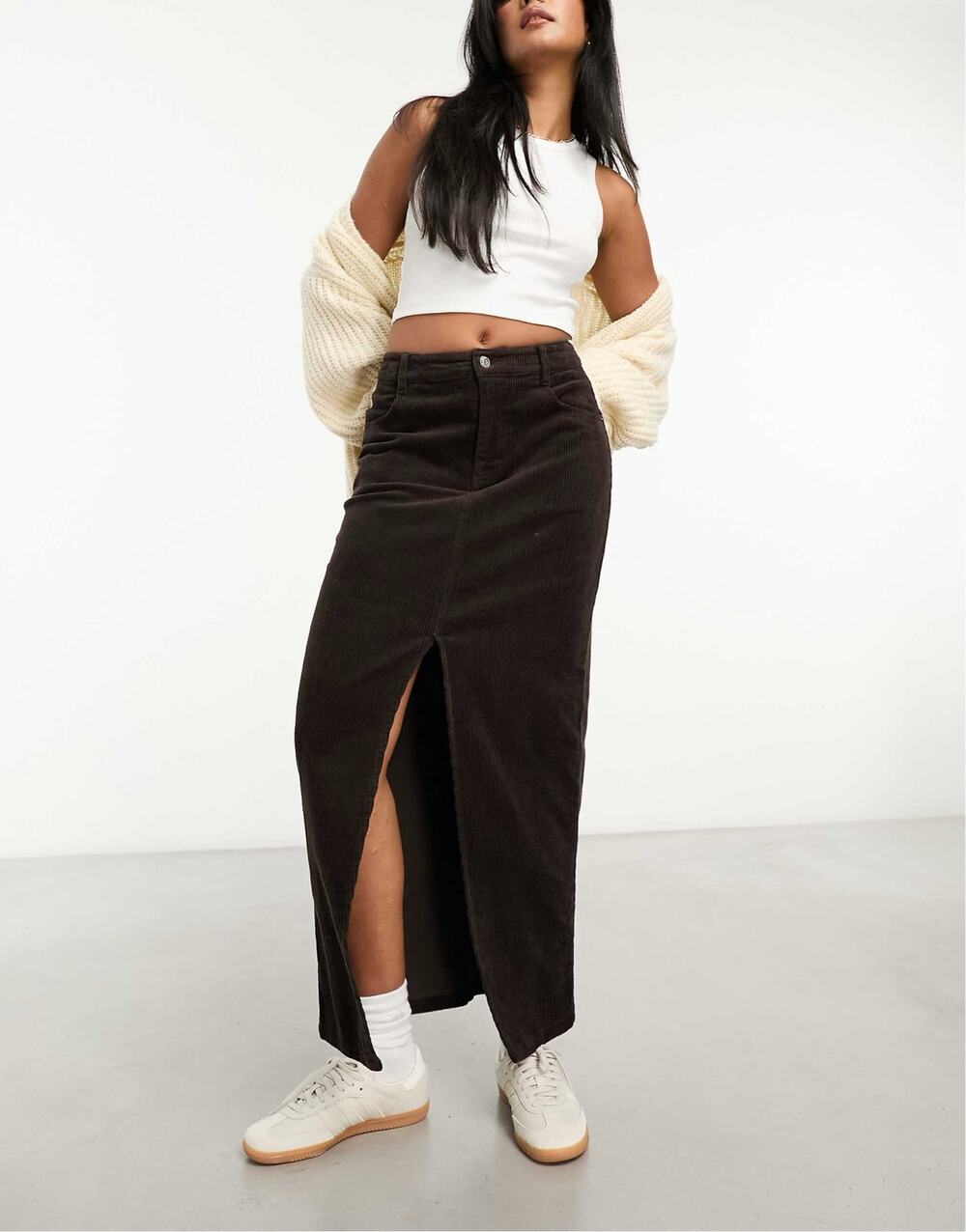 ASOS DESIGN Corduroy Chocolate Brown Maxi Skirt Womens 12 Center Slit Western